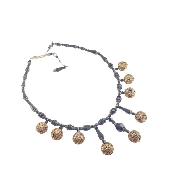 Czech Glass Bead and Sterling Silver Black Necklace Marcasite Mid Century - Picture 7 of 9